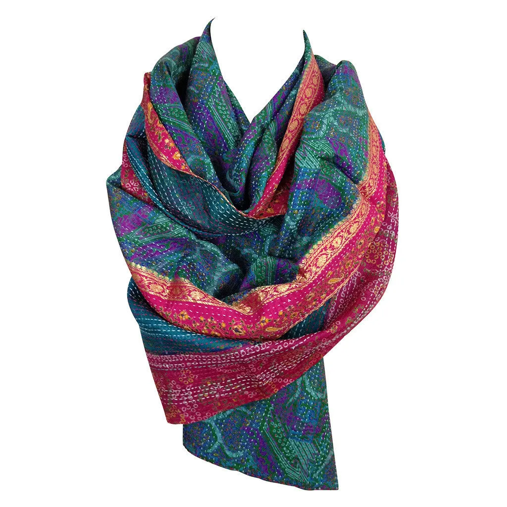 Aqua and Cherry Kantha Scarf - India