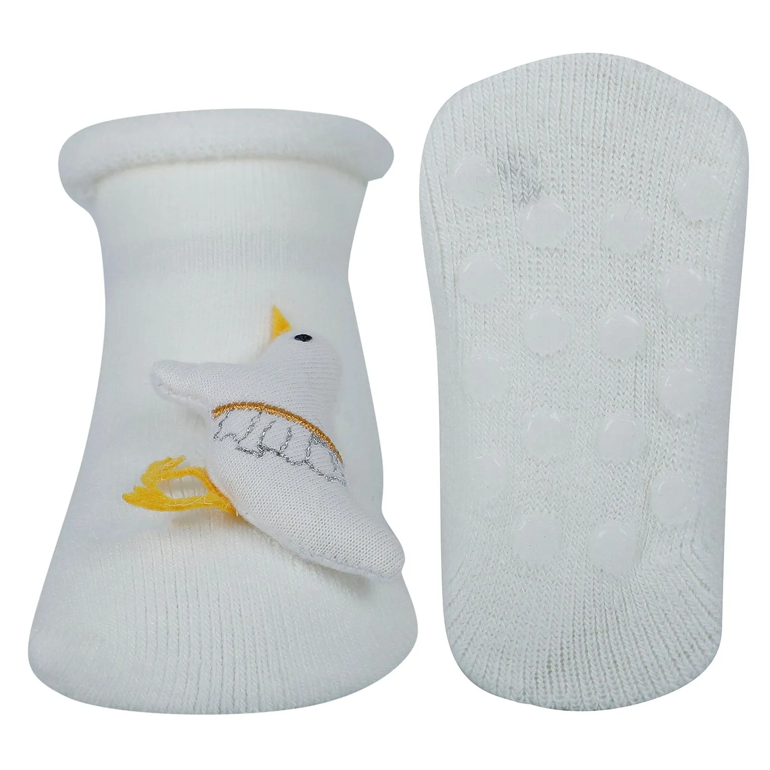 Baby Moo 3D Birdy Home Anti-Skid Socks Pack of 2 - Yellow, Cream