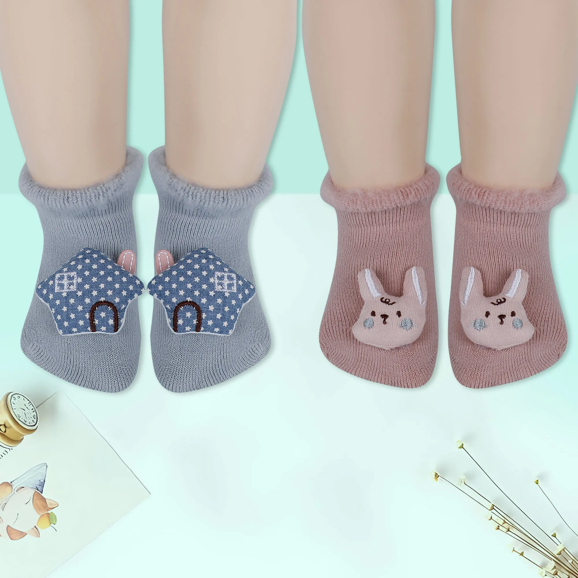 Baby Moo 3D Bunny Home Anti-Skid Socks Pack of 2 - Peach, Blue