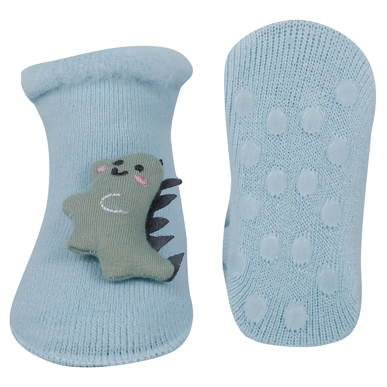 Baby Moo 3D Dino Jeep Anti-Skid Socks Pack of 2 - Blue, Beige