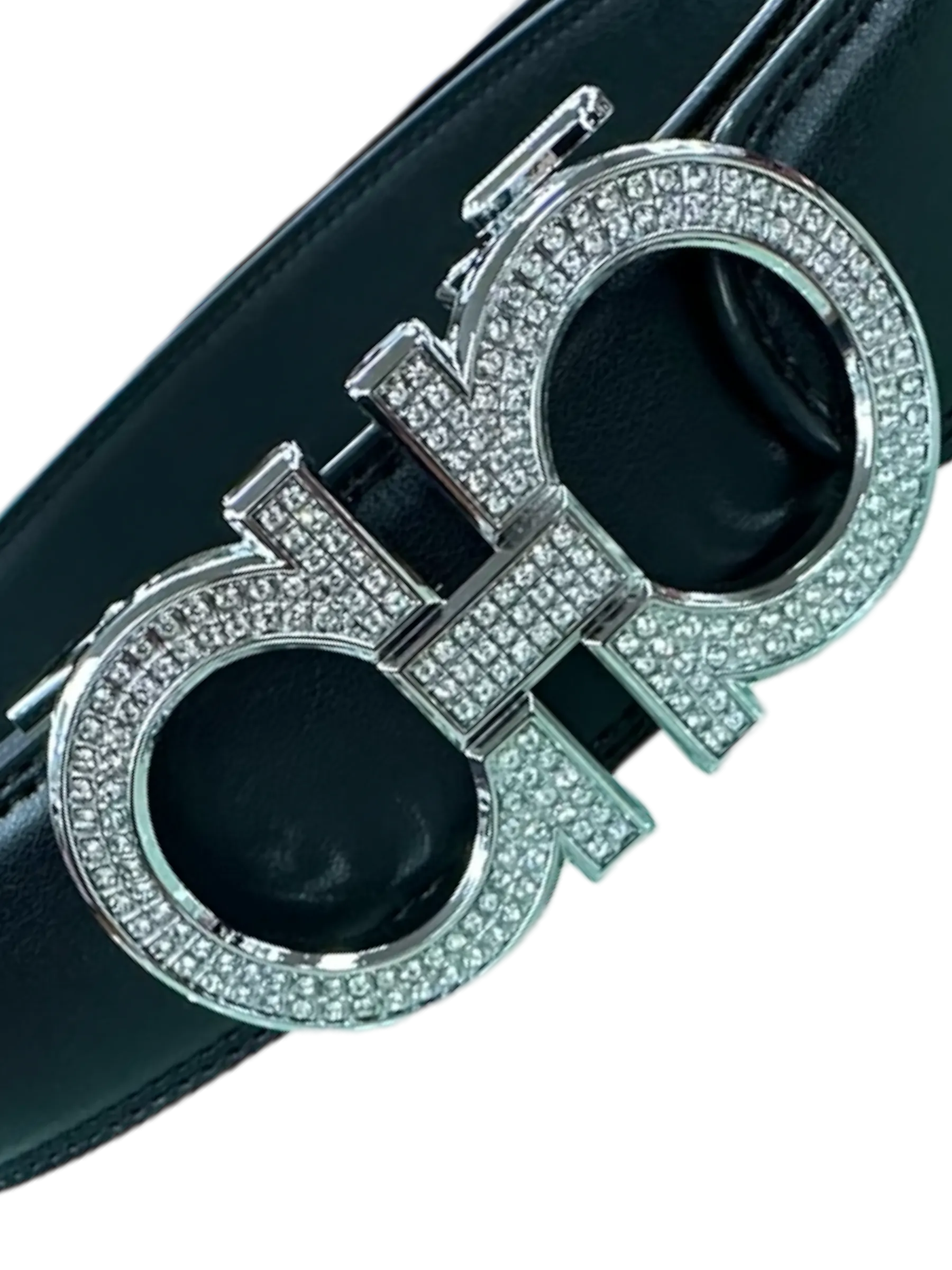 Black Men's Belt Ferrga Silver Buckle with Glitter Stones Luxury Design