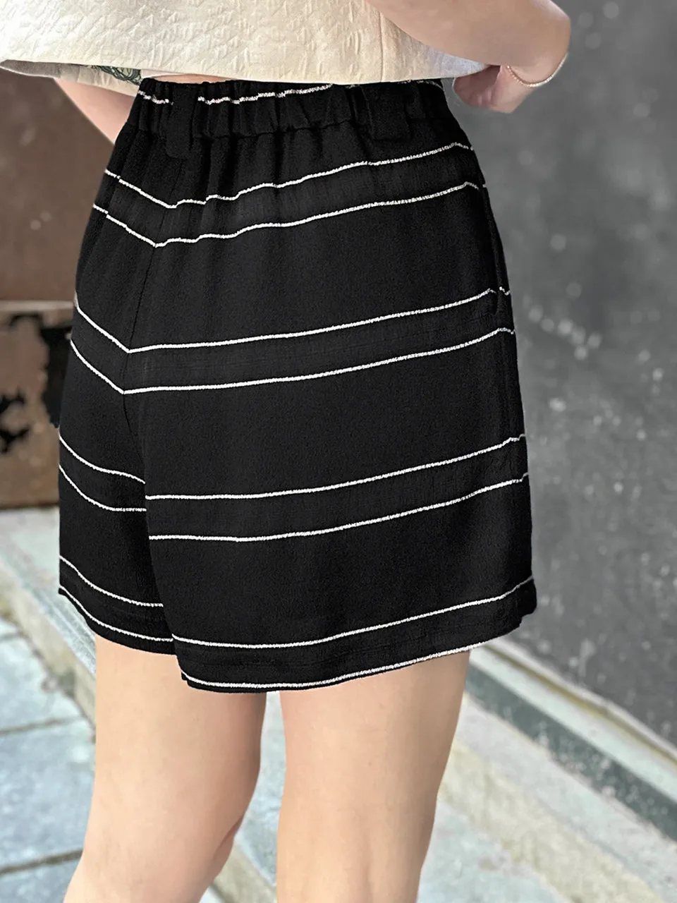 Black Stripe Pleated Detail Breezy Light-weighted Shorts