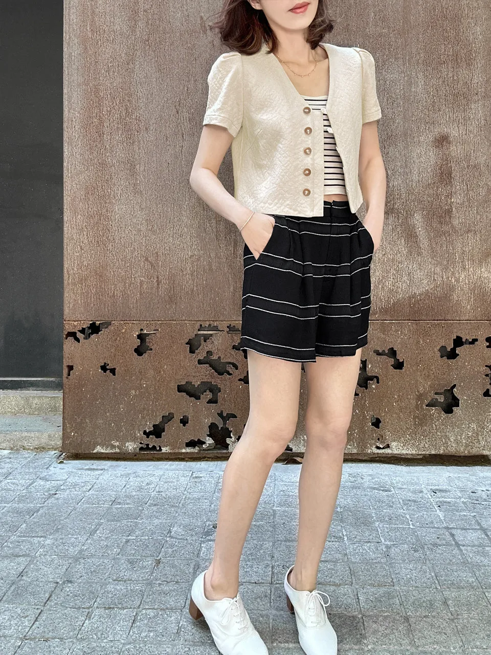 Black Stripe Pleated Detail Breezy Light-weighted Shorts