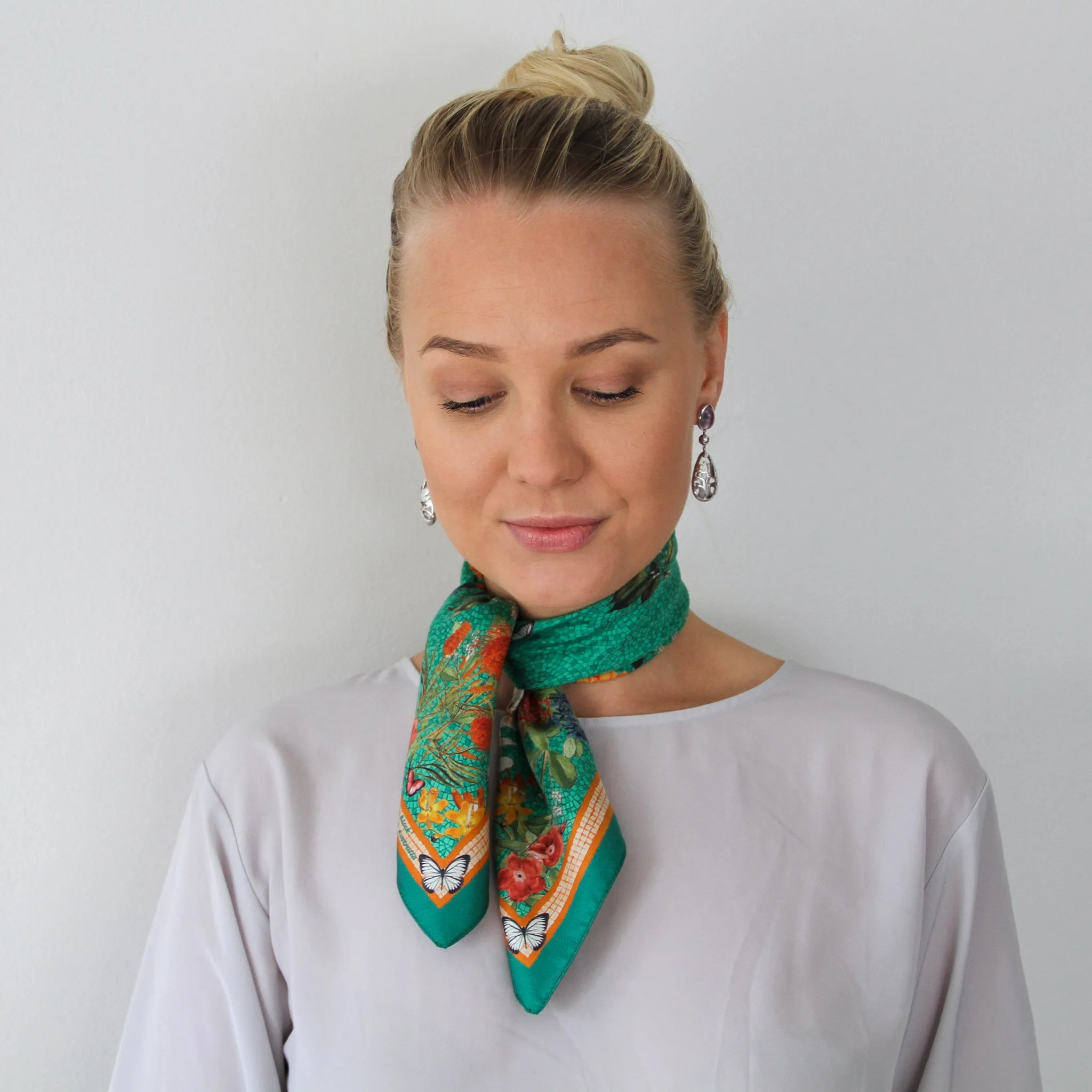 'Botanica Emerald' mini 100% Silk Kerchief Italian made Scarf  53cm x 53cm