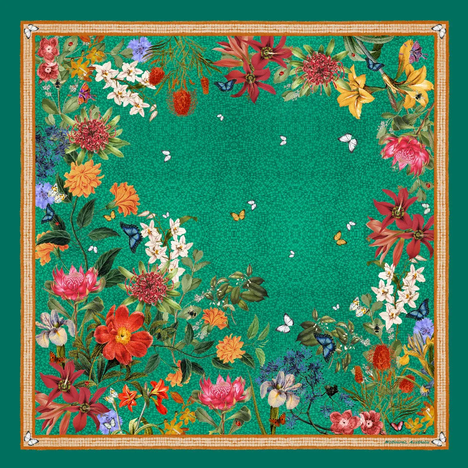 'Botanica Emerald' mini 100% Silk Kerchief Italian made Scarf  53cm x 53cm