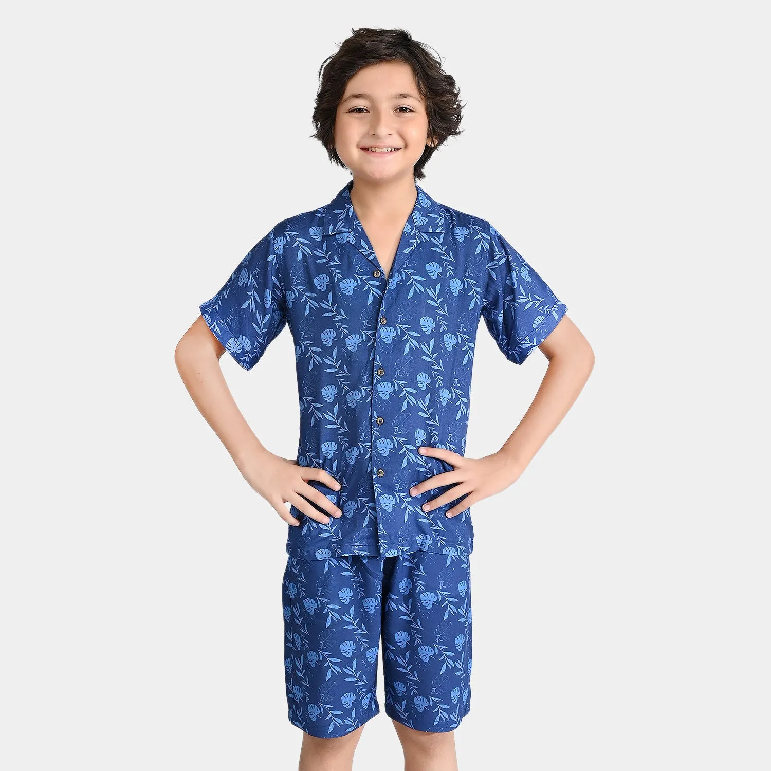 Boys Viscose Woven Suit Palm Leafs-Blue