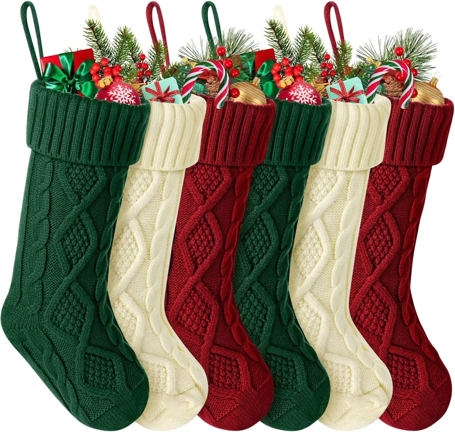 classic 6 Pack Knit Christmas Stockings, 18" Cable Knitted Stocking Decorations Xmas Rustic Farmhouse Stocking for Family Holiday Season, Burgundy, Ivory White, Green Burgundy One Size