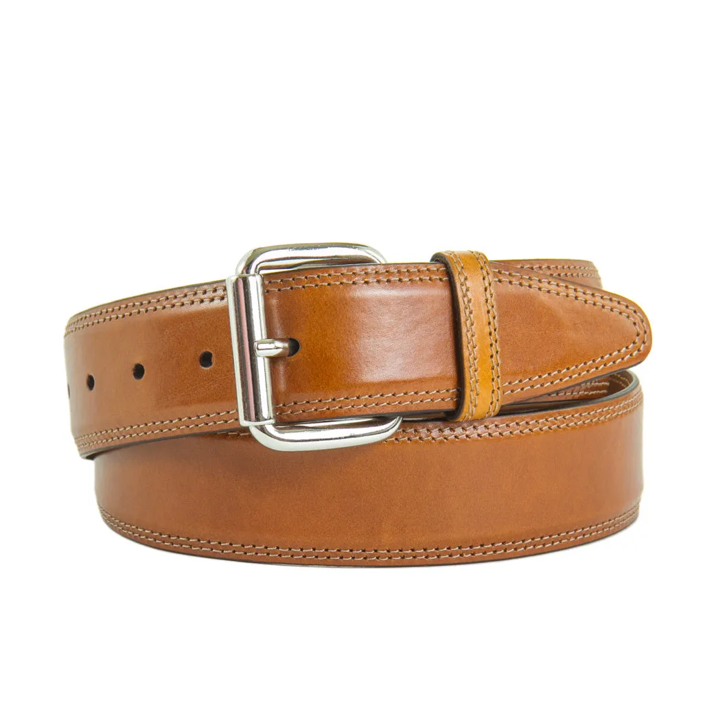 Cognac Italian Leather Belt With Nickel Roller Buckle