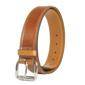 Cognac Italian Leather Belt With Nickel Roller Buckle