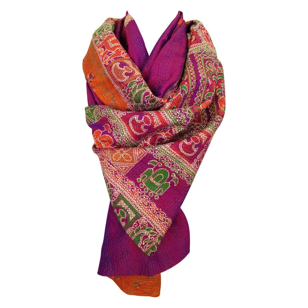 Fuchsia and Tangerine Kantha Scarf - India