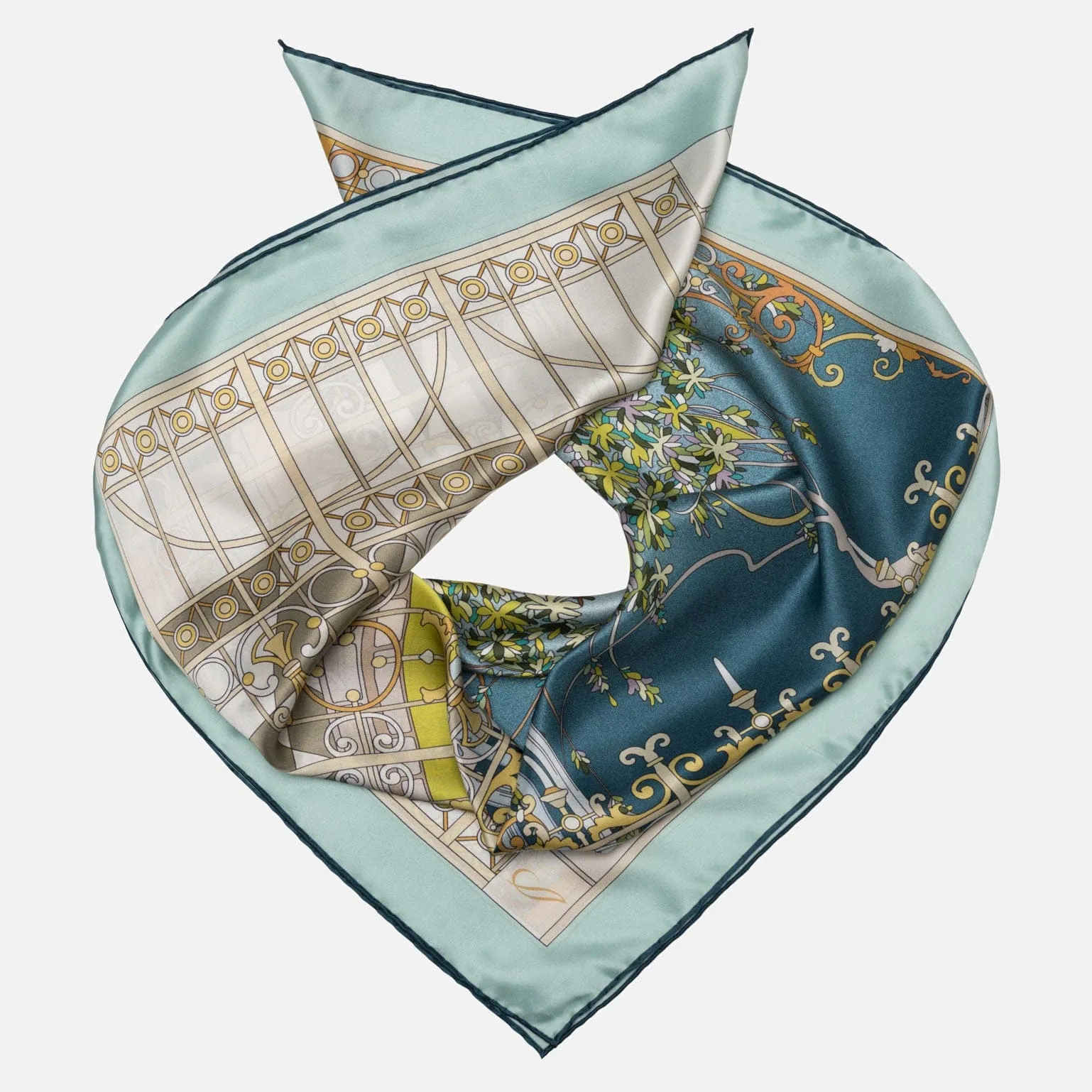 Garden of Dreams - Hand Rolled Silk Foulard - Aqua