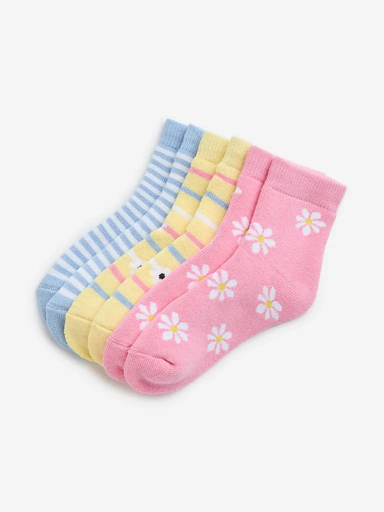 HOP Kids Yellow Printed Cotton-Blend Socks - Pack of 3