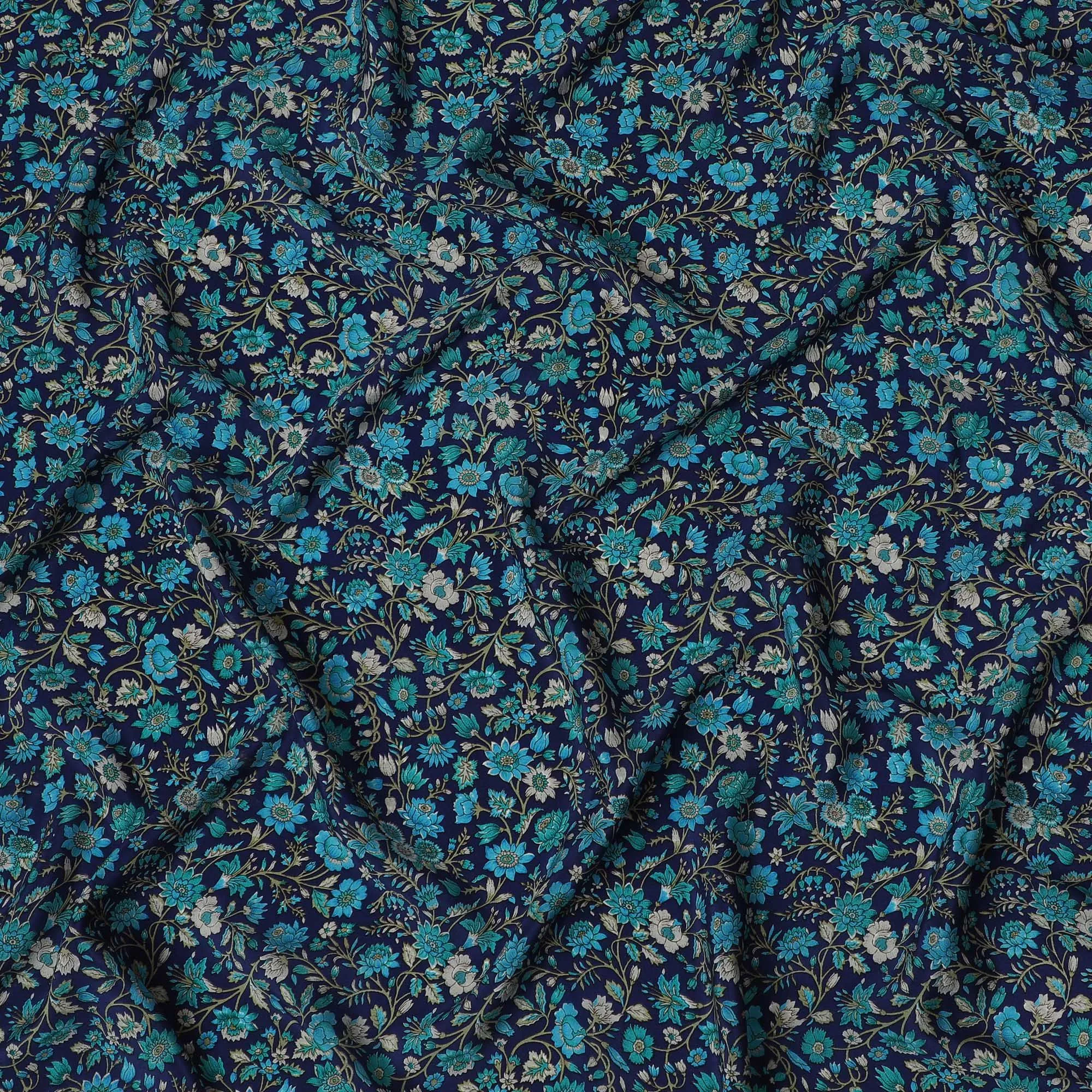 Midnight Blue Botanical Bliss Crepe Silk Fabric, 110cm Width - Lush Aesthetic for Couture and Drapes-D18915