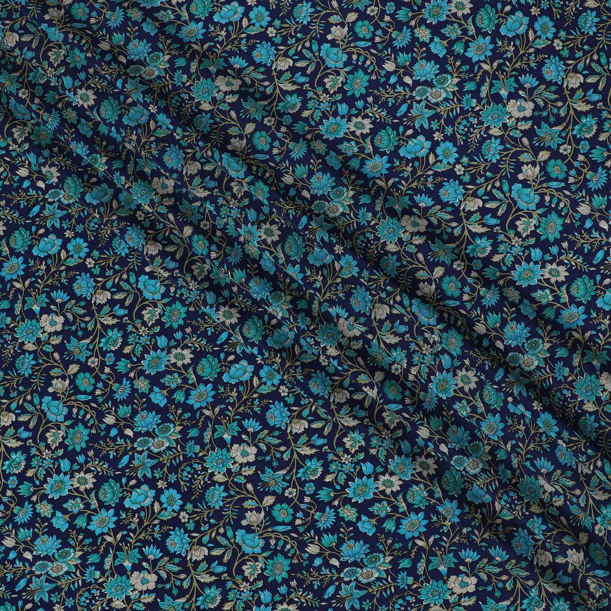 Midnight Blue Botanical Bliss Crepe Silk Fabric, 110cm Width - Lush Aesthetic for Couture and Drapes-D18915