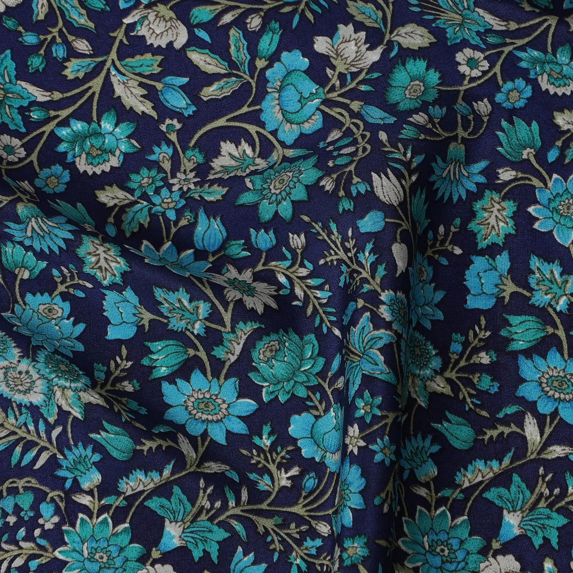 Midnight Blue Botanical Bliss Crepe Silk Fabric, 110cm Width - Lush Aesthetic for Couture and Drapes-D18915