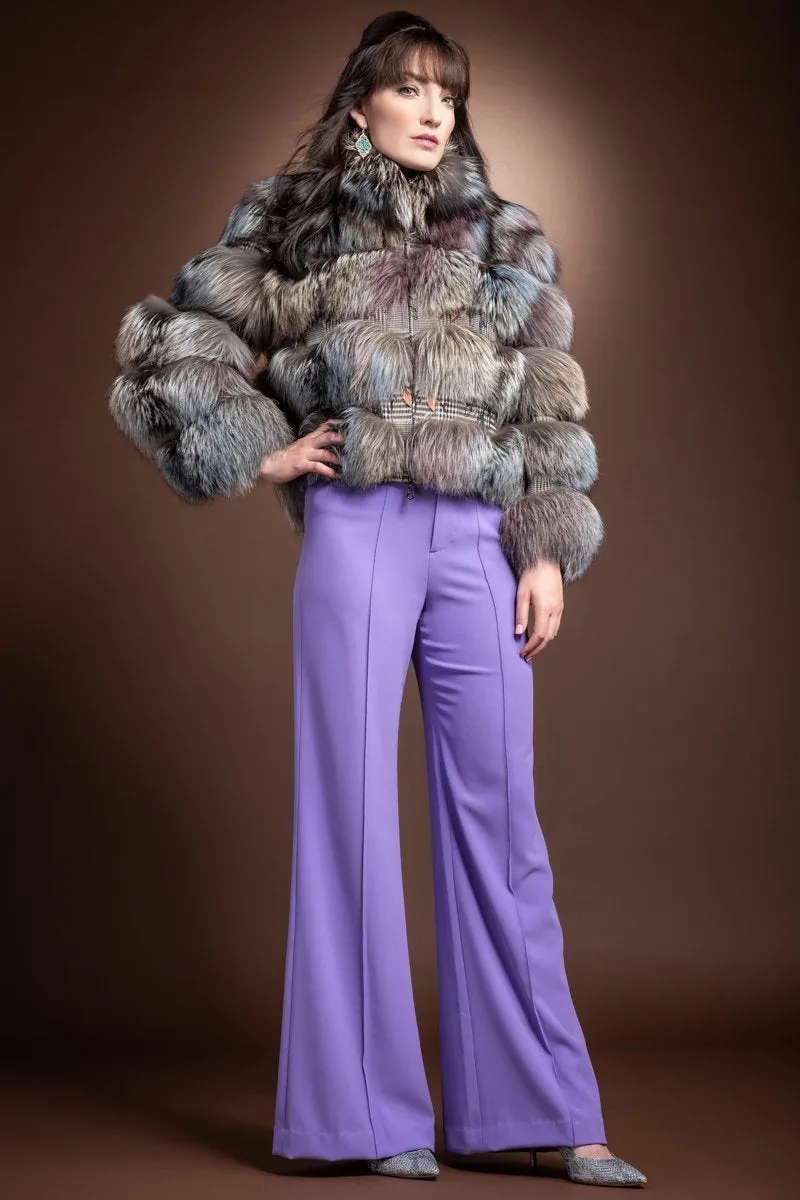 Multi Color Fantasy Silver Fox - Houndstooth Fabric Fur Jacket