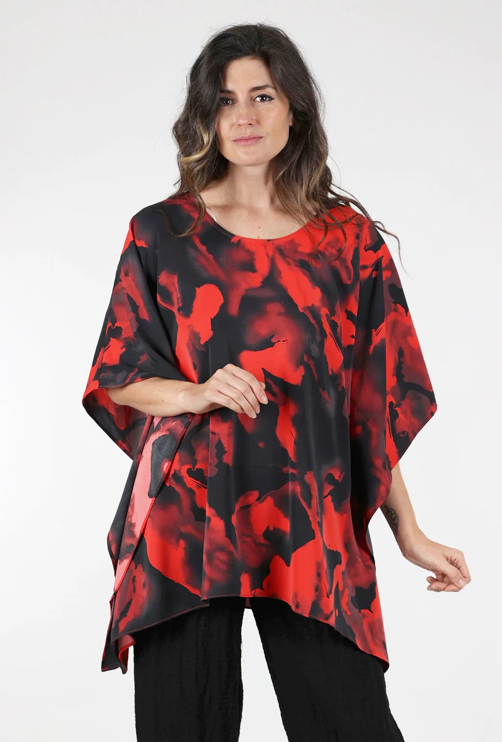 Printed Oversized Cocoon Tunic, Red