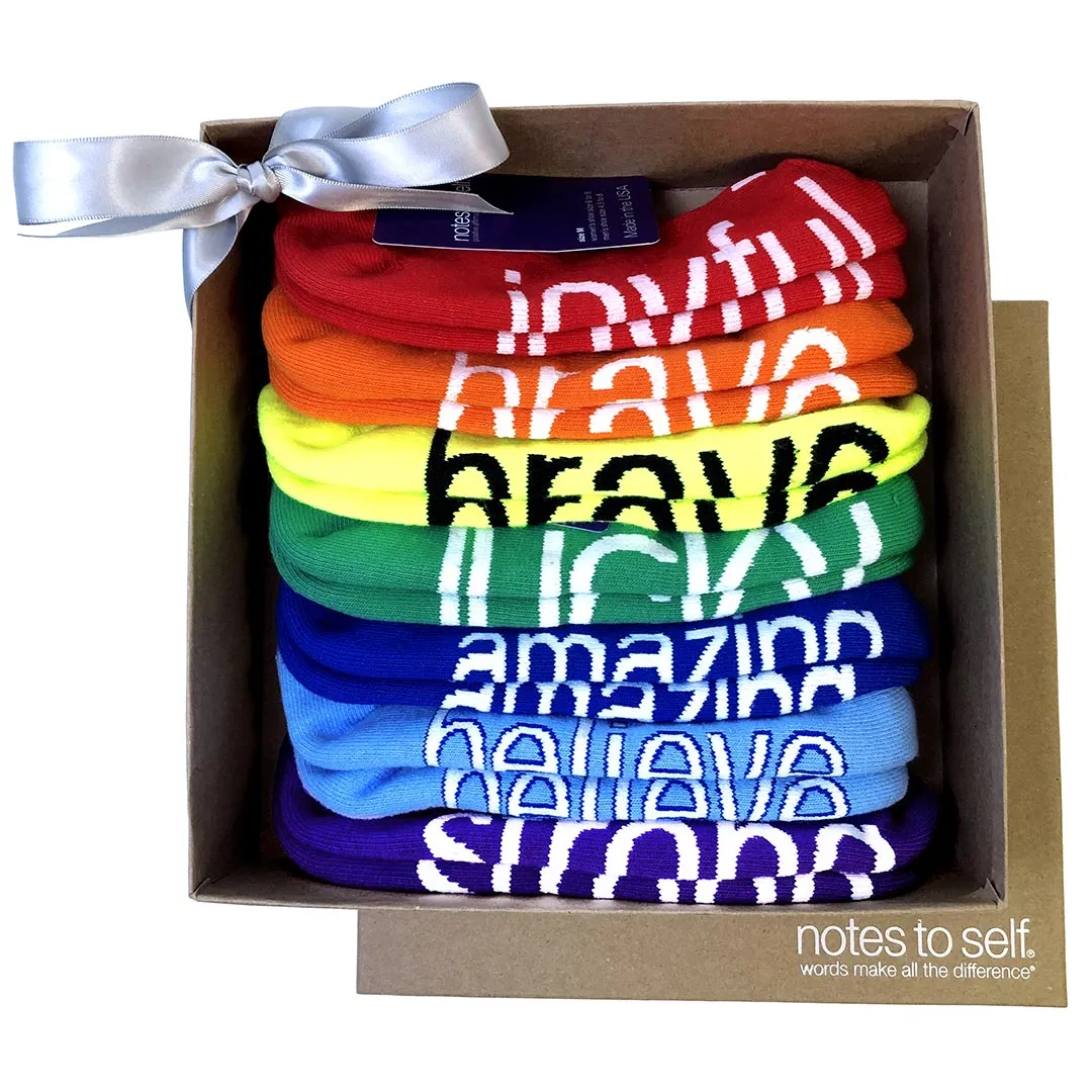 rainbow-themed 7-pair sock gift set in kraft keepsake box