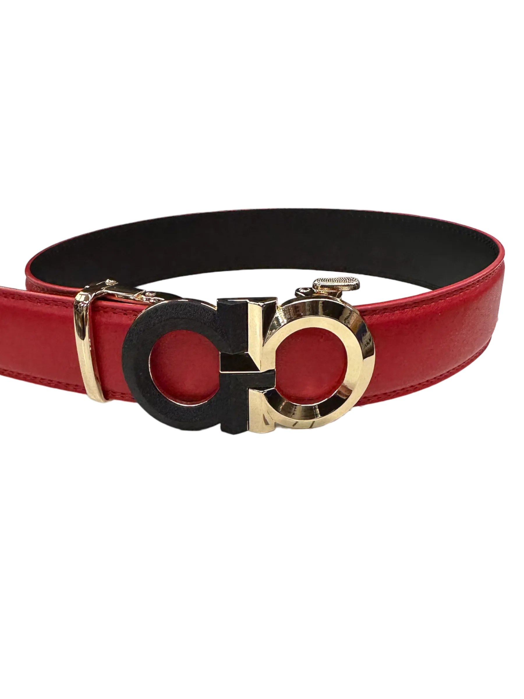 Red Men's Belt Fashion Design Genuine Leather Gold and Black Buckle