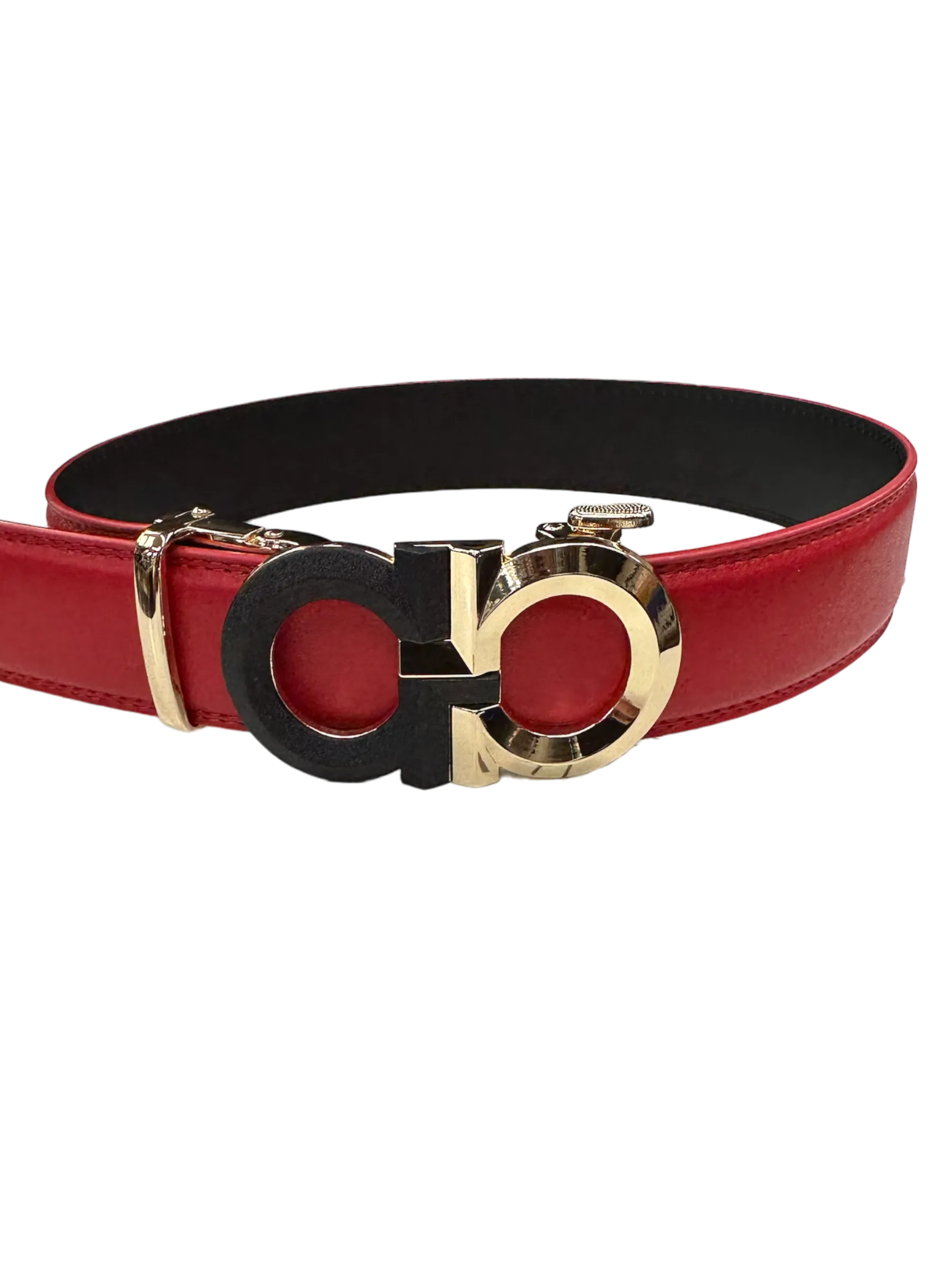 Red Men's Belt Fashion Design Genuine Leather Gold and Black Buckle