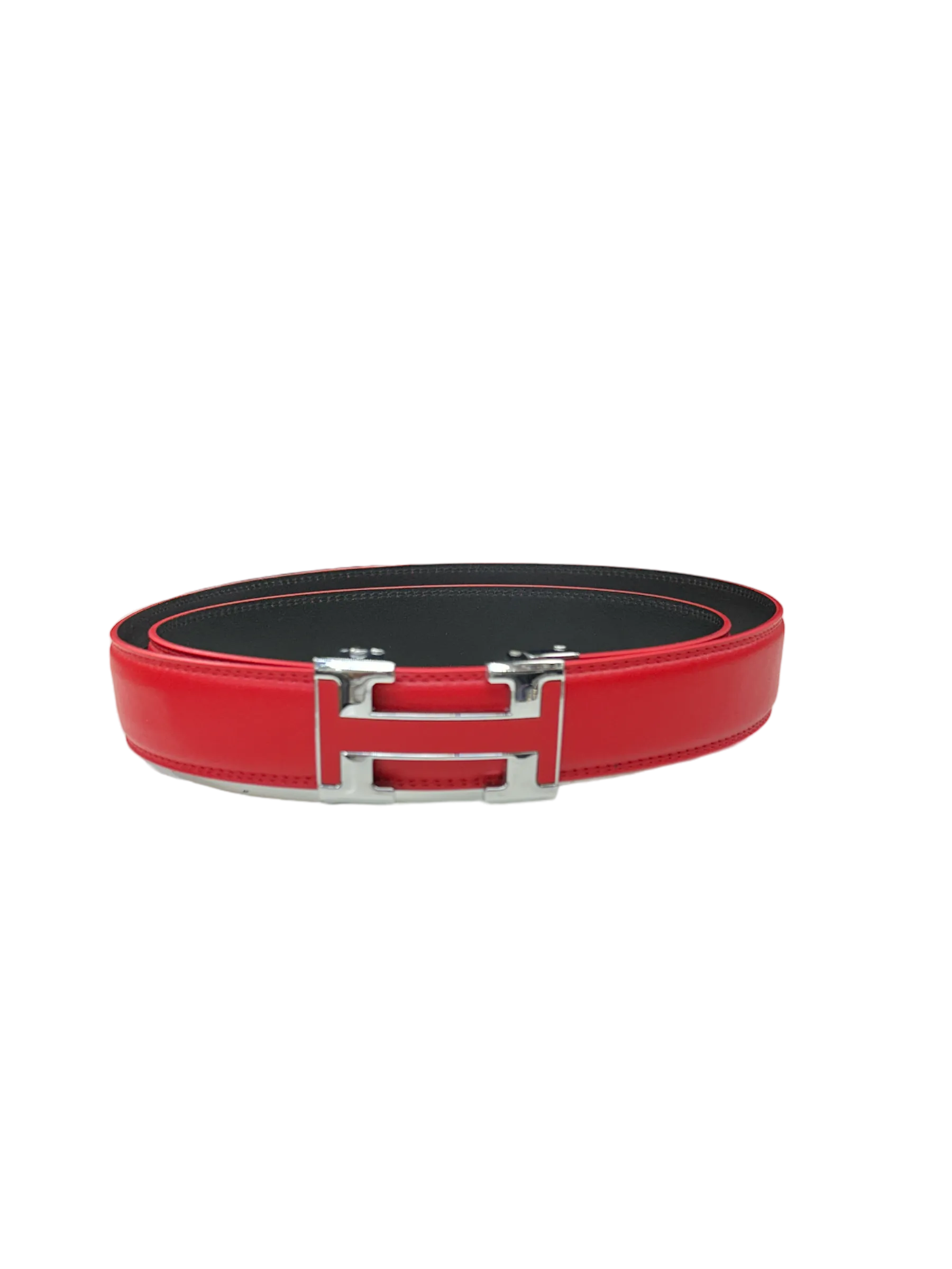 Red Men's Belt Slide Ratchet Genuine Leather Silver Buckle