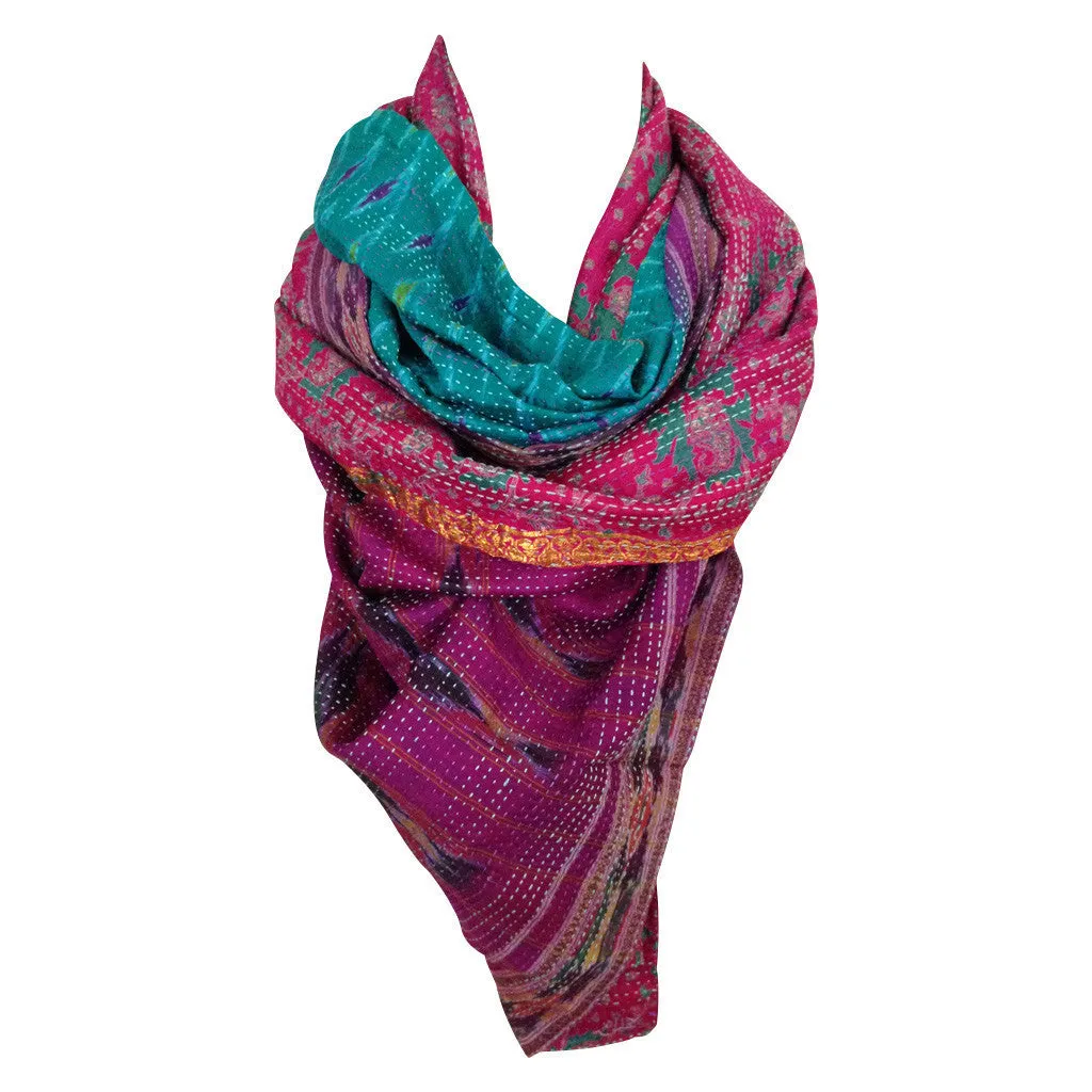 Turquoise and Purple Kantha Scarf - India