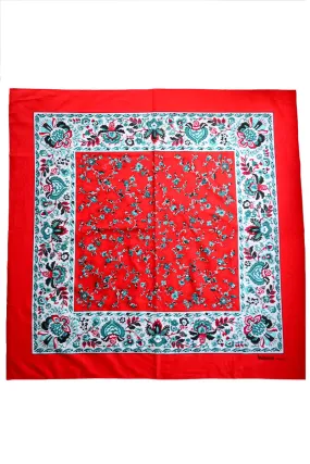 Vintage Valdrome France Cotton Scarf with Red & Green Floral Design